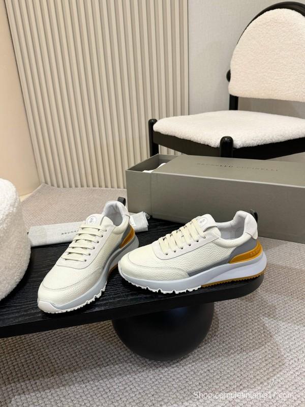 2025 Men Brunello Cucinelli Black Ivory Blue Almond Calfskin Leather Sneakers AS00320