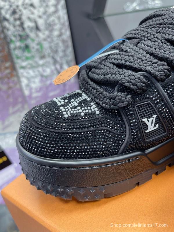 2025 Women Louis Vuitton Black Crystal Trainer Leather Plimsolls Bing Bing AS00420
