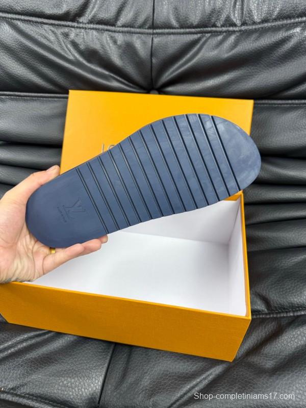 2025 Men Louis Vuitton Blue Leather Slippers AS00170