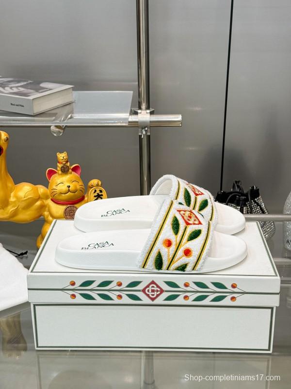 2025 Men CASA BLANCA White Green Red Embroidered Leather Slippers KFY00160