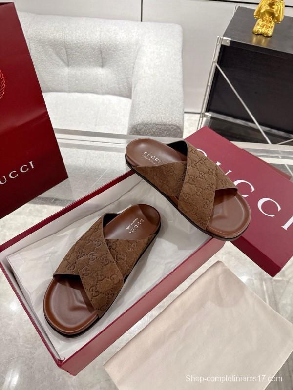 2025 Women Gucci Brown Suede Slippers GG Embossed AS00240