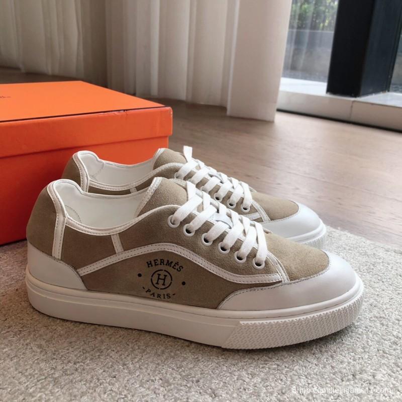 2025 Unisex Hermès Beige White Canvas Leather Sneakers AS00380