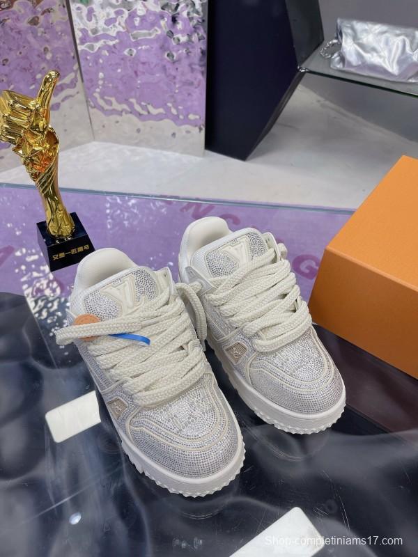 2025 Unisex Louis Vuitton White Crystal Leather Plimsolls Bing Bing AS00420