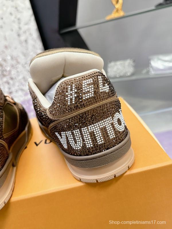 2025 Unisex Louis Vuitton Brown Khaki Leather Fabric Plimsolls Beading AS00400