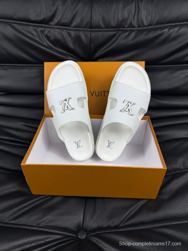 2025 Men Louis Vuitton White Leather Slippers AS00170