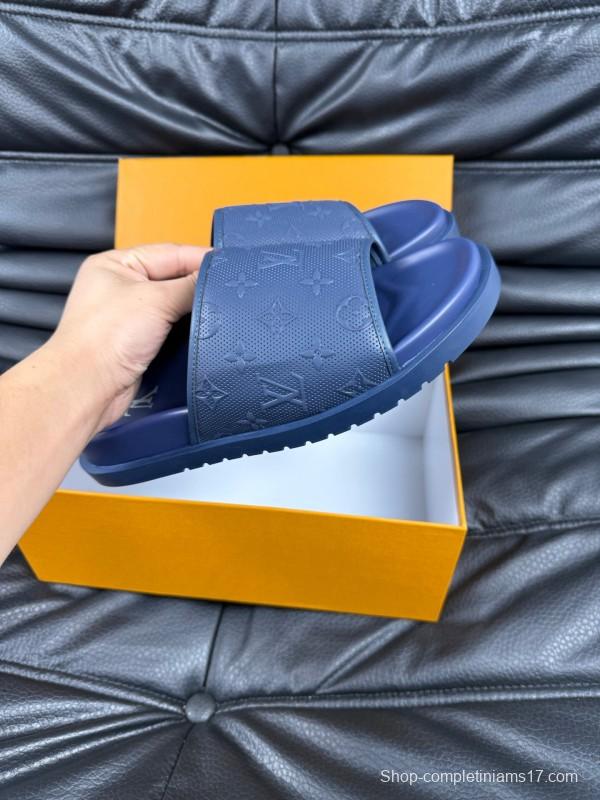 2025 Men Louis Vuitton Blue Leather Slippers AS00170