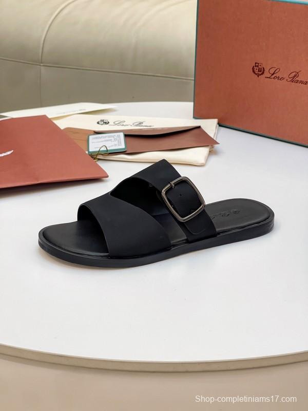 2025 Men Loro Piana Black Leather Slippers Buckle AS00250