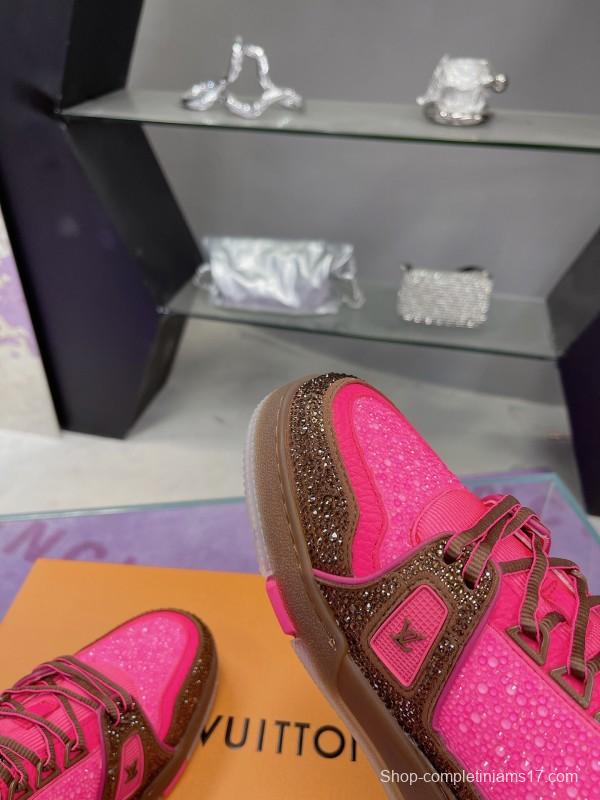 2025 Unisex Louis Vuitton Pink Brown Leather Canvas Plimsolls Handcrafted Crystals AS00400