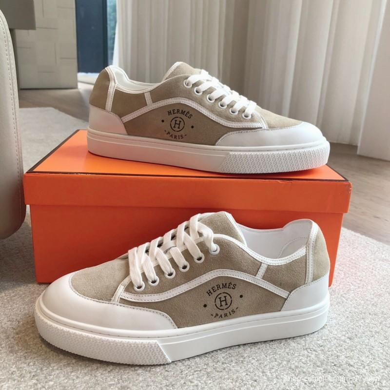 2025 Unisex Hermès Beige White Canvas Leather Sneakers AS00380