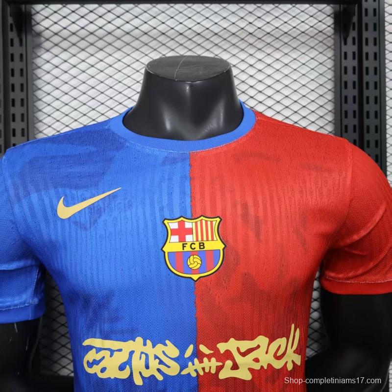Player Version 25/26 Barcelona Travis Scott Blue with Red Half Split Jersey