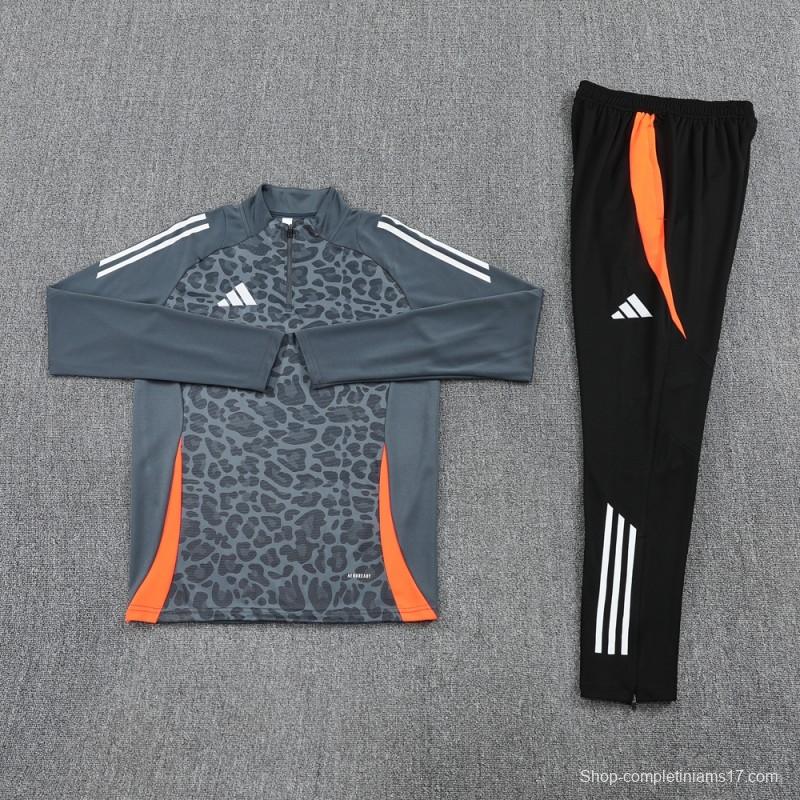 2025 Adidas Dark Grey & Black with Leopard Print Pattern and Orange Accents Half Zipper Jacket +Long Pants