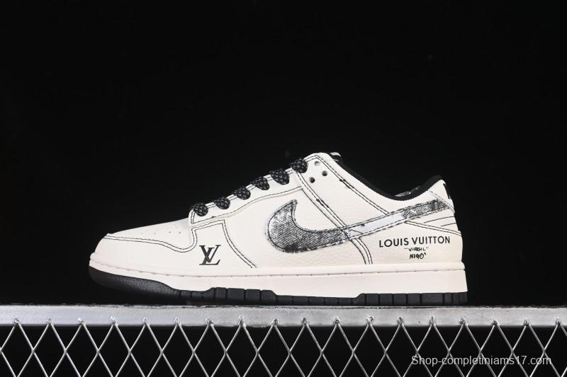 Nike SB Dunk Low LV Collaboration Beige Black Denim Swoosh Anniversary Custom Low-Top Skate Shoes - JP1628-027
