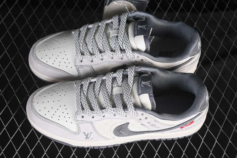 Nike SB Dunk Low LV Collaboration Gray White Double Swoosh Anniversary High-End Custom Low-Top Casual Skate Shoes - CX5050-Y20