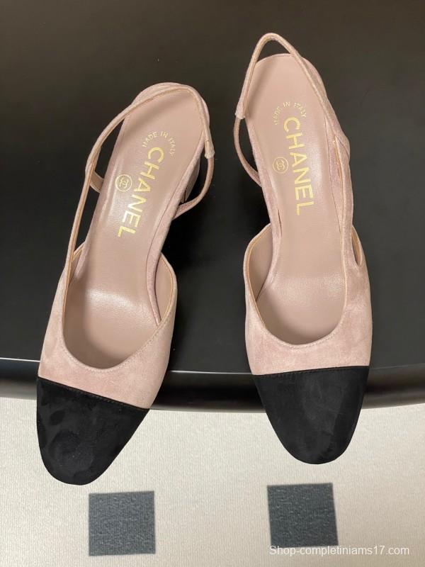 Chanel Sling-back Two-tone Suede Slingback Sandals Flat/Block Heel - KFY00280