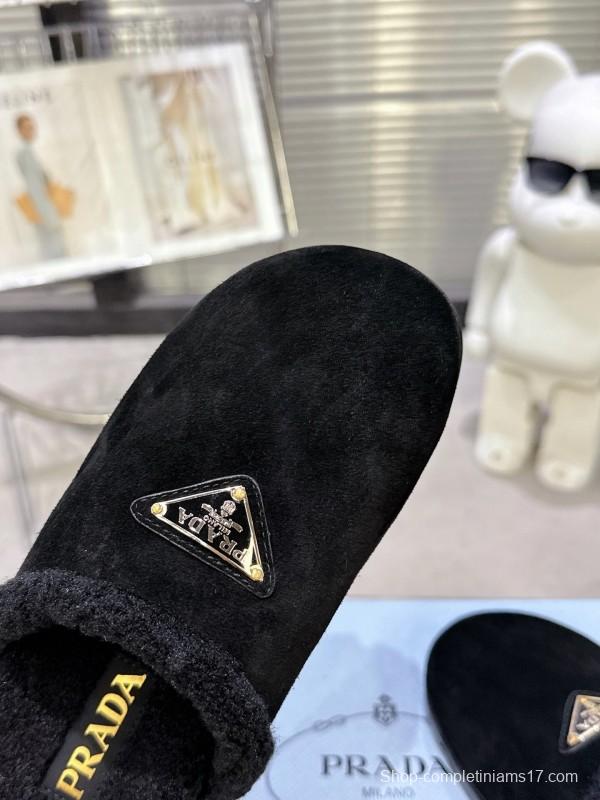 Prada 2025 Fall Winter New Fur Mule Slippers Triangle Buckle Bread Toe Half Slippers - KFY00270