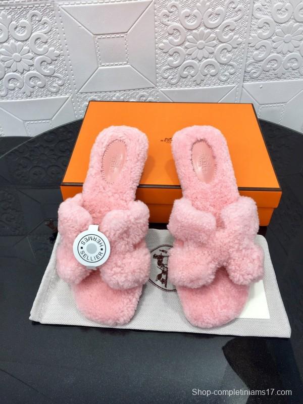 H Eiderdown Teddy Wool H Slippers Flat Sole Winter Home Shoes - LY00240