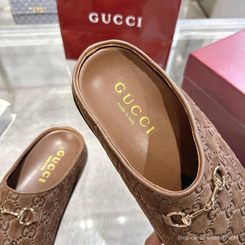 Gucci Leather GG Embossed Horsebit Mule Sandals - LY00240
