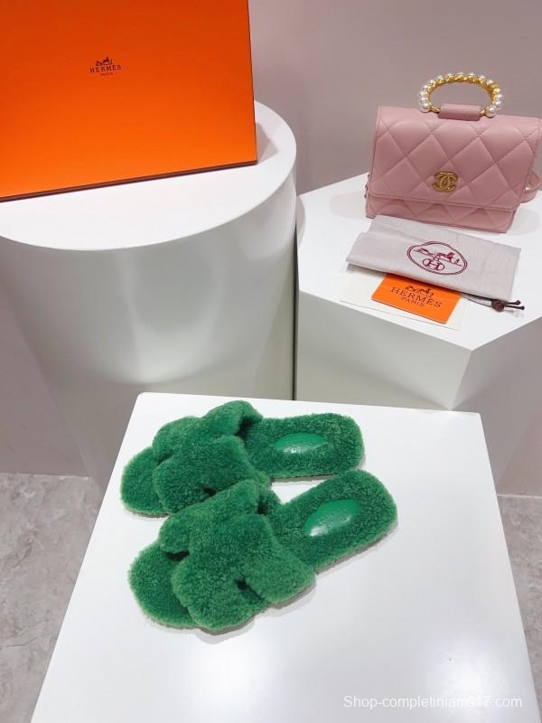 H Teddy Wool H Slippers Flat Sole Fur Slippers - LY00240