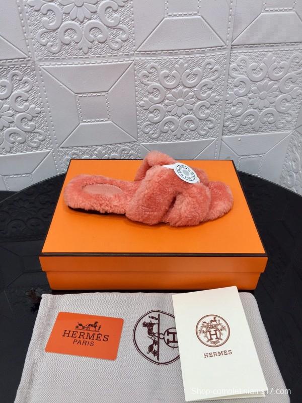 H Teddy Wool H Slippers Flat Sole Winter Home Shoes - LY00240