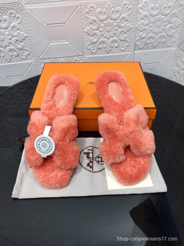 H Teddy Wool H Slippers Flat Sole Winter Home Shoes - LY00240