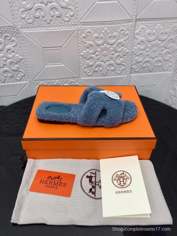 H Teddy Wool H Slippers Flat Sole Autumn Winter - LY00240