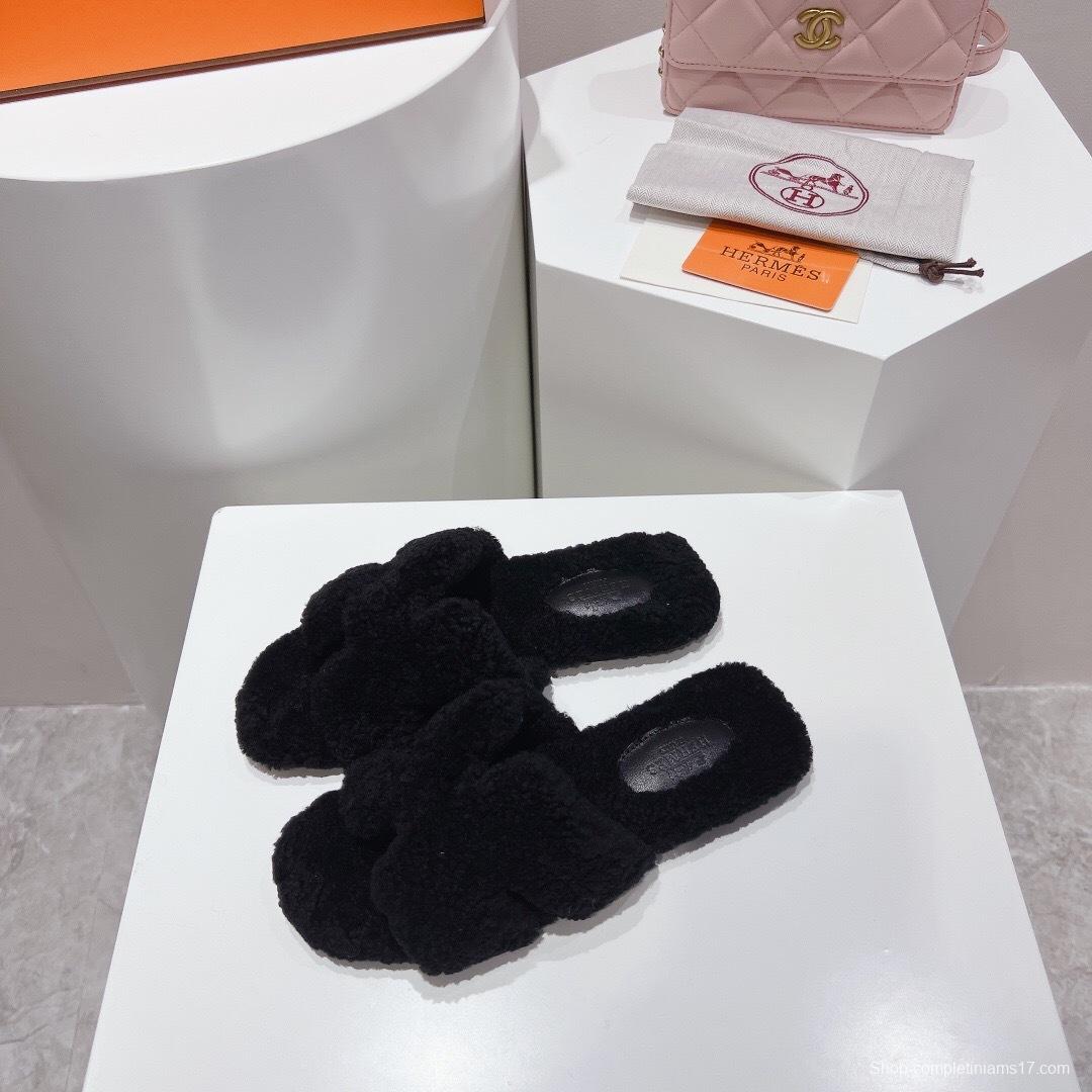 H Teddy Wool H Slippers Flat Sole Winter Edition - LY00240