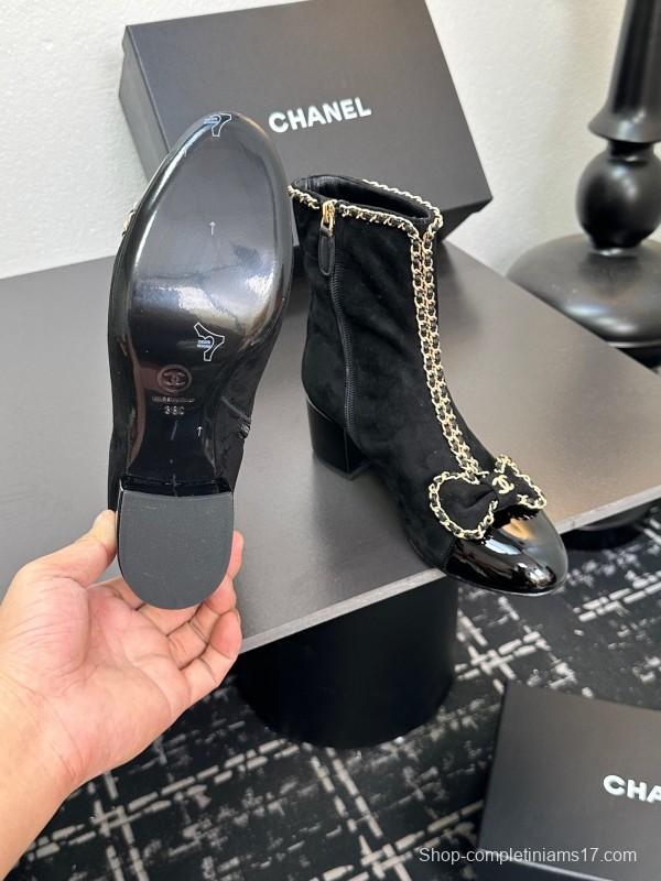 Chanel 2025 SS Chain Bow Chunky Heel Ankle Boots - LY00370