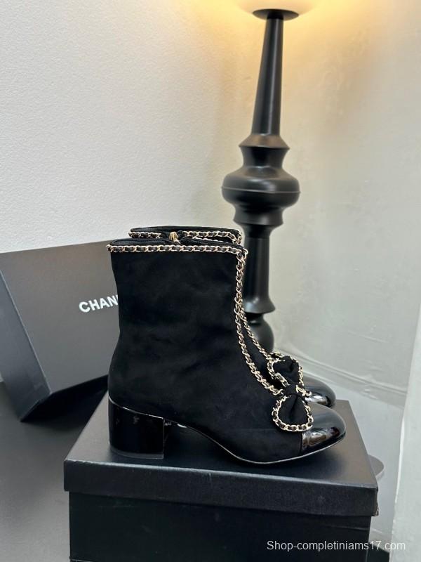 Chanel 2025 SS Chain Bow Chunky Heel Ankle Boots - LY00370