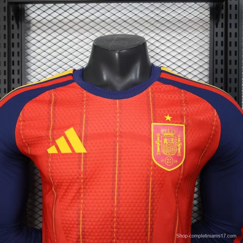Player Version 2026 Spain Home Long Sleeve Red with Vertical Stripe Pattern Jersey