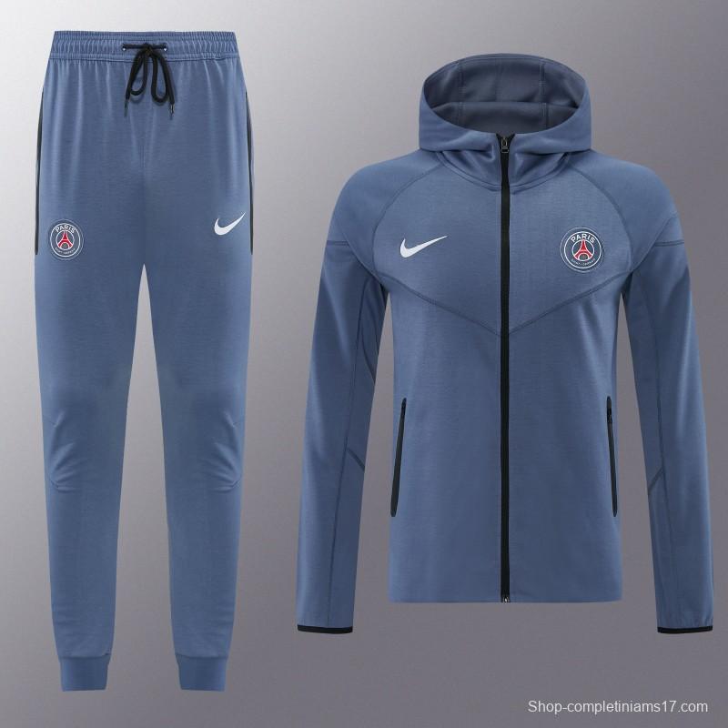 26/27  Paris Saint-Germain Steel Blue Full Zipper Hooded Jacket Tracksuit + Long Pants