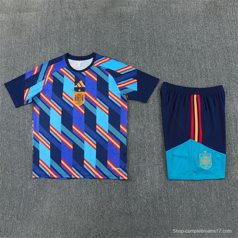 2026 Spain Navy Blue Multi-Color Diagonal Stripe Short Sleeve+Soccer Shorts