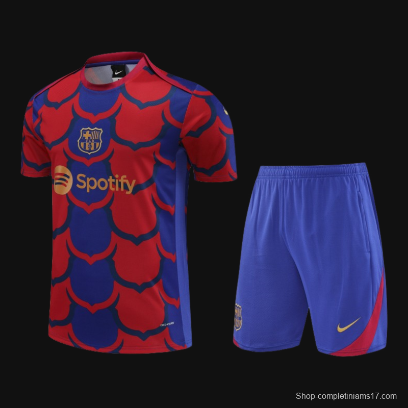 23/24 Barcelona Academy Pro Pre-Match Blue Cotton Short Sleeve Jersey+Shorts