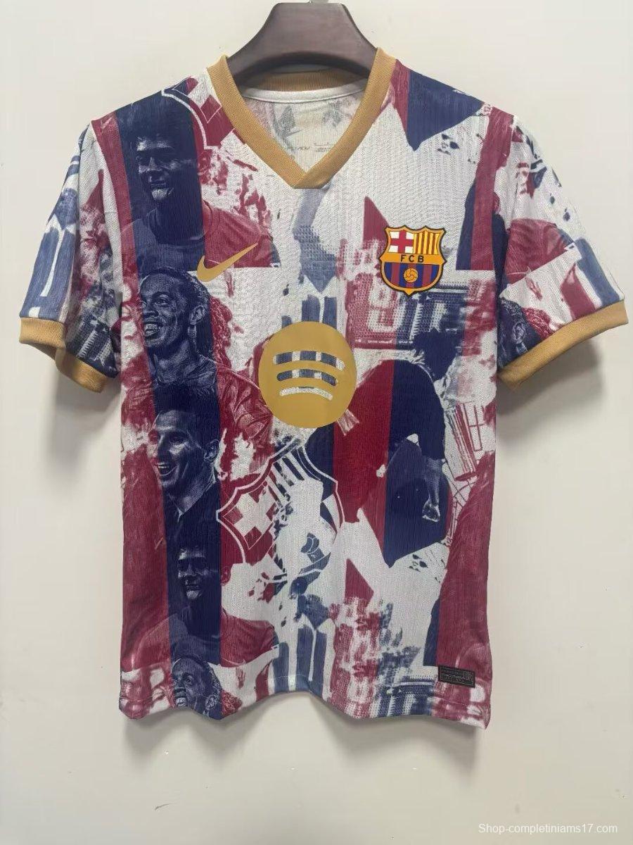 Player Version 25/26 Barcelona White with Abstract Blaugrana Brushstroke Print and Gold Trim Jersey