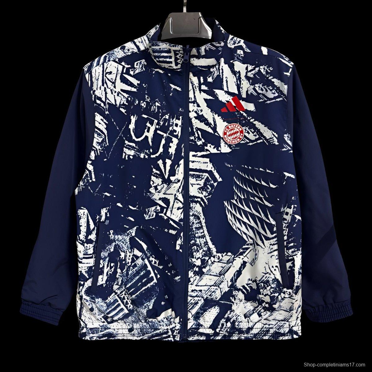 25/26 Bayern Munich Navy Blue with White Abstract Graffiti Pattern Full Zipper Windbreaker