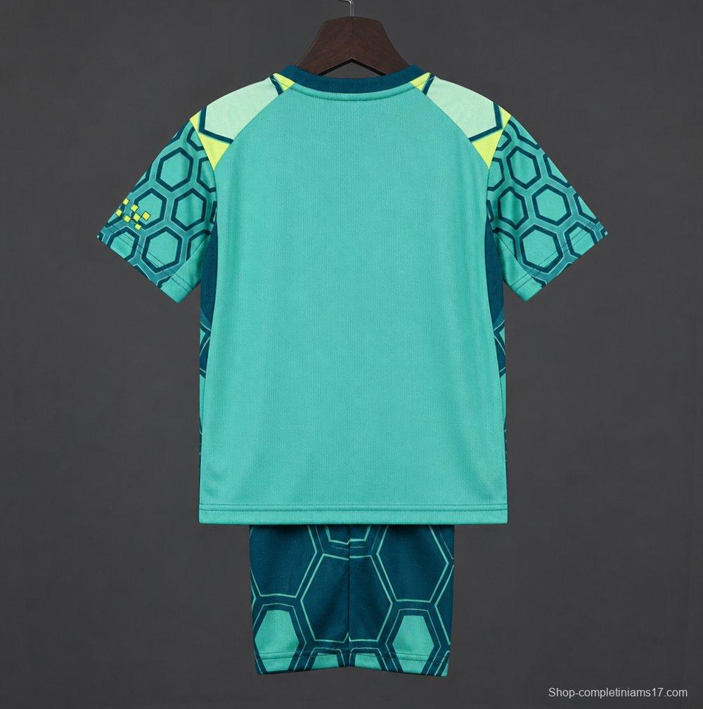 26/27 Kids Manchester City Vibrant Green Goalkeeper Jersey With Dark Blue Geometric Pattern.