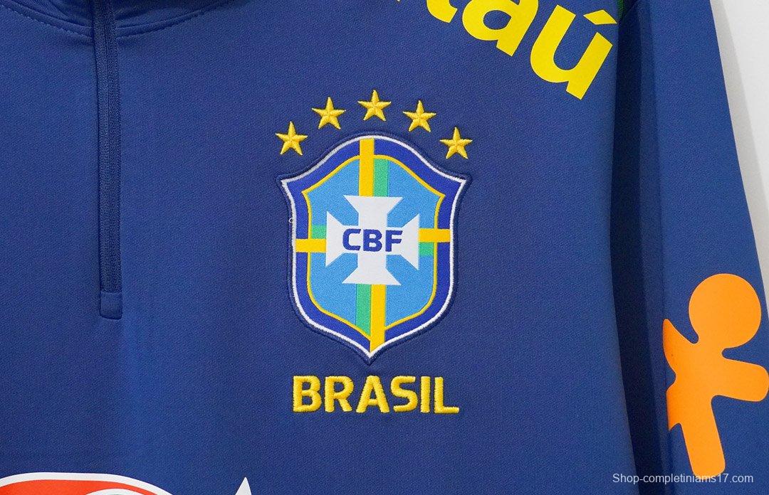 2024 Brazil Navy Blue with Lime Green Long Sleeve Half-Zip Training Top
